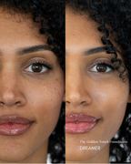 Before and after comparison of a woman's face with 'The Golden Touch Foundation DREAMER' applied.