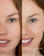 Before and after comparison of a woman's face with The Golden Touch Foundation Tenacious.